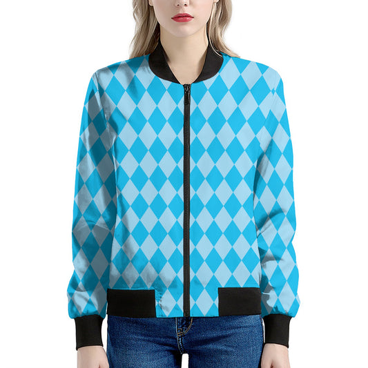 Blue Harlequin Pattern Print Women's Bomber Jacket
