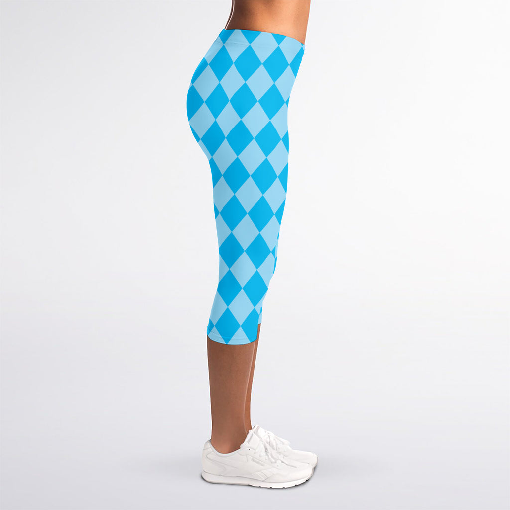 Blue Harlequin Pattern Print Women's Capri Leggings