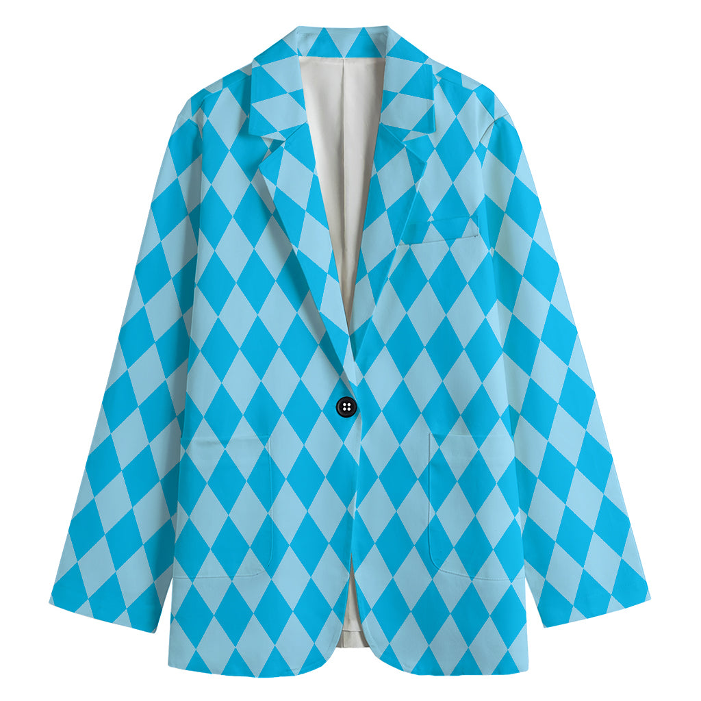Blue Harlequin Pattern Print Women's Cotton Blazer