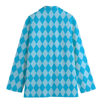 Blue Harlequin Pattern Print Women's Cotton Blazer