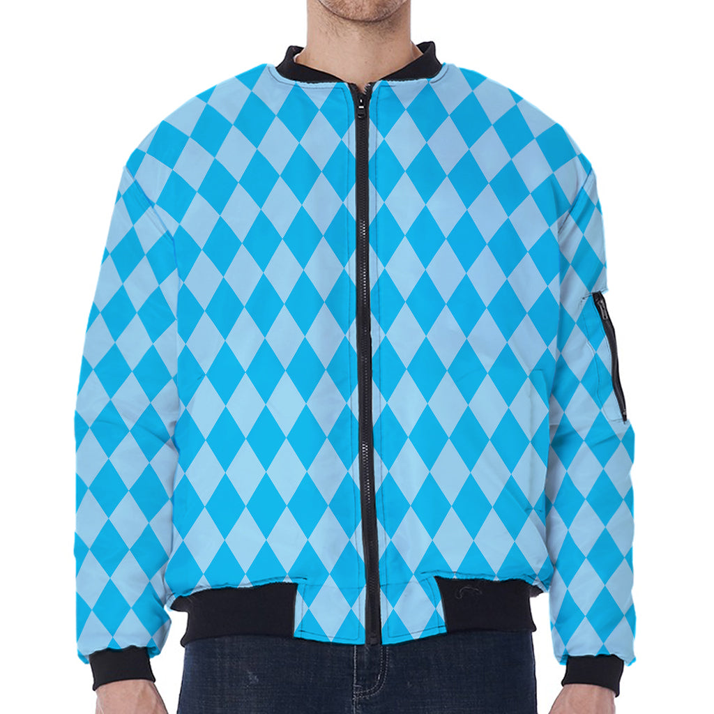 Blue Harlequin Pattern Print Zip Sleeve Bomber Jacket