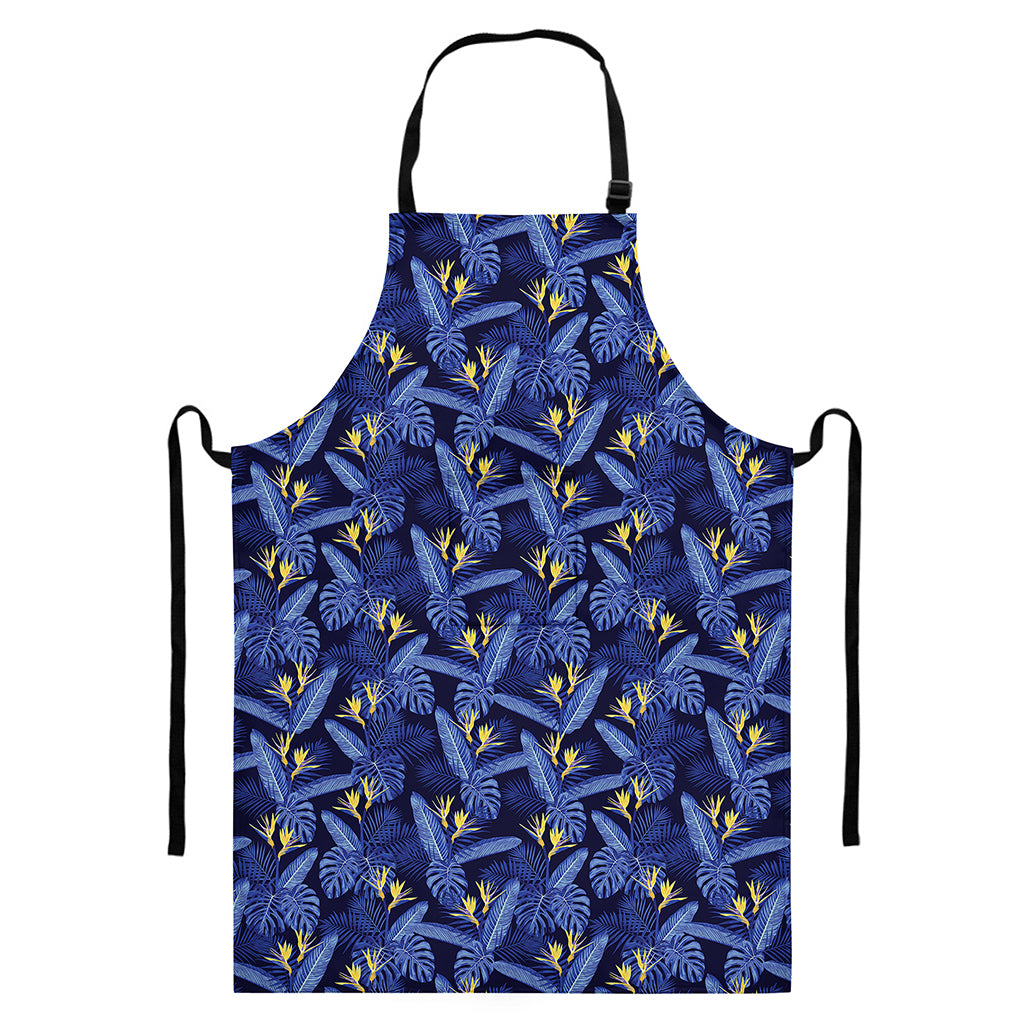 Blue Hawaiian Tropical Pattern Print Bib Apron With Pocket