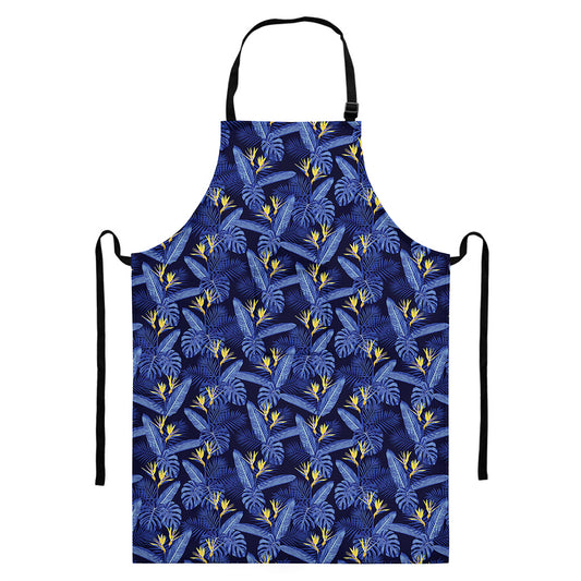 Blue Hawaiian Tropical Pattern Print Bib Apron With Pocket