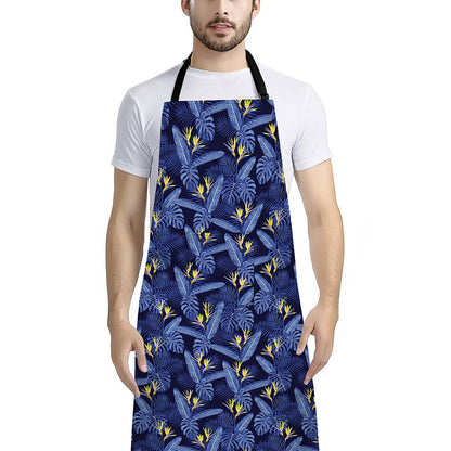 Blue Hawaiian Tropical Pattern Print Bib Apron With Pocket