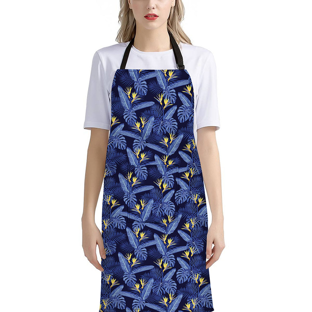 Blue Hawaiian Tropical Pattern Print Bib Apron With Pocket