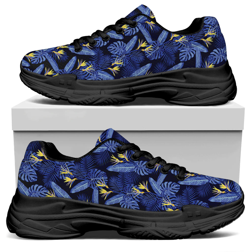 Blue Hawaiian Tropical Pattern Print Black Chunky Shoes