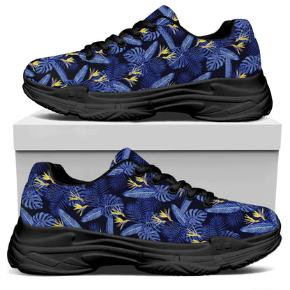 Blue Hawaiian Tropical Pattern Print Black Chunky Shoes