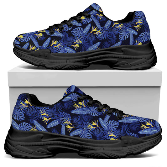 Blue Hawaiian Tropical Pattern Print Black Chunky Shoes