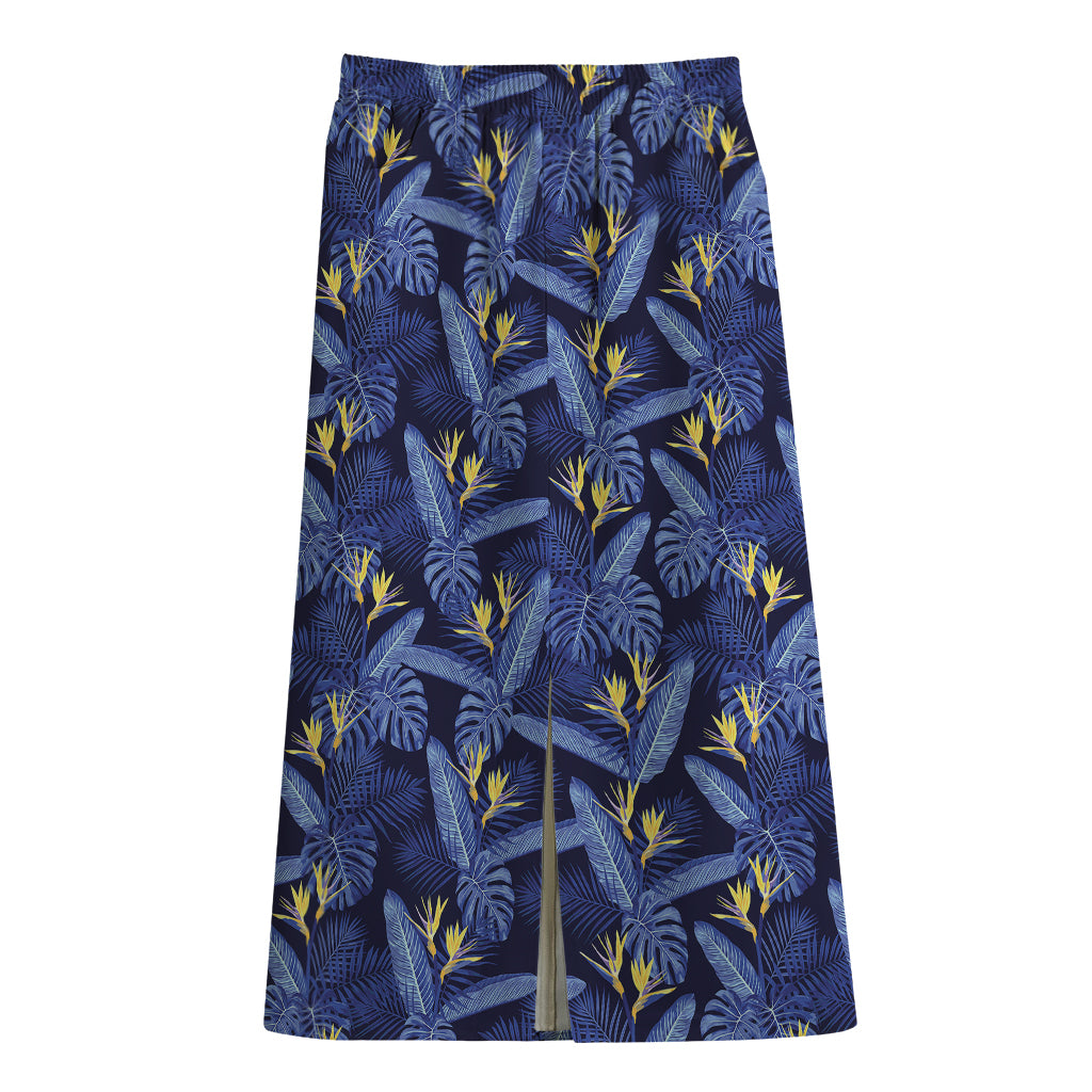 Blue Hawaiian Tropical Pattern Print Cotton Front Slit Maxi Skirt