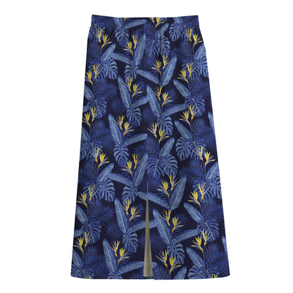 Blue Hawaiian Tropical Pattern Print Cotton Front Slit Maxi Skirt