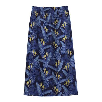 Blue Hawaiian Tropical Pattern Print Cotton Front Slit Maxi Skirt