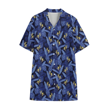 Blue Hawaiian Tropical Pattern Print Cotton Hawaiian Shirt