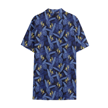 Blue Hawaiian Tropical Pattern Print Cotton Hawaiian Shirt