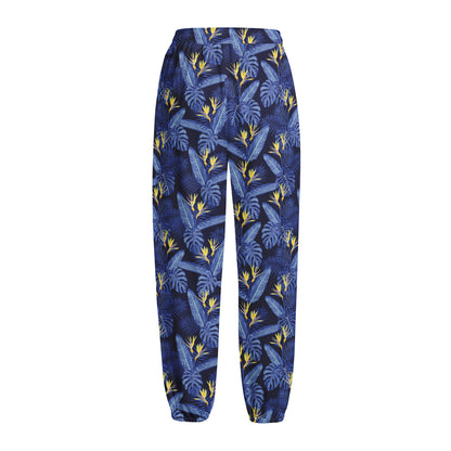 Blue Hawaiian Tropical Pattern Print Fleece Lined Knit Pants
