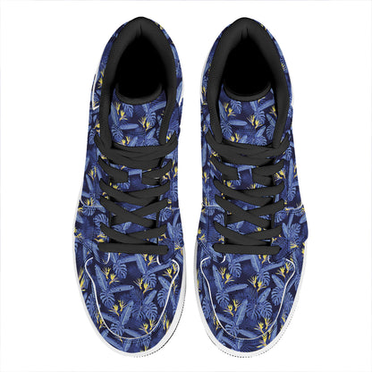 Blue Hawaiian Tropical Pattern Print High Top Leather Sneakers