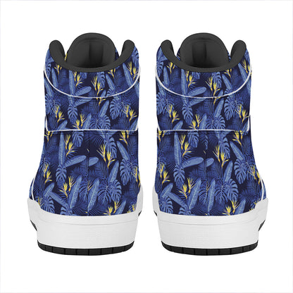 Blue Hawaiian Tropical Pattern Print High Top Leather Sneakers