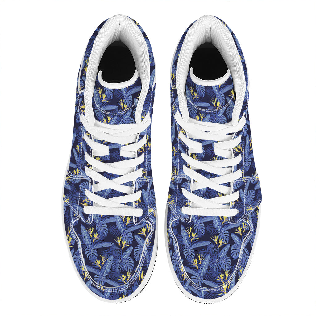 Blue Hawaiian Tropical Pattern Print High Top Leather Sneakers