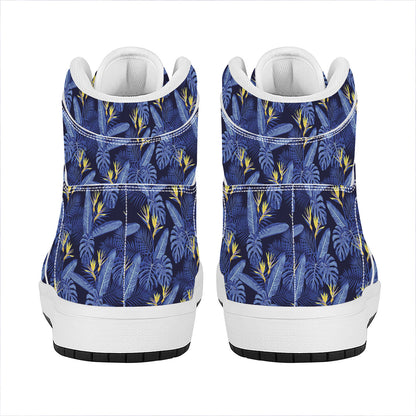 Blue Hawaiian Tropical Pattern Print High Top Leather Sneakers