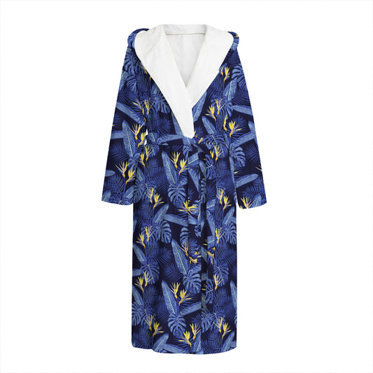 Blue Hawaiian Tropical Pattern Print Hooded Bathrobe