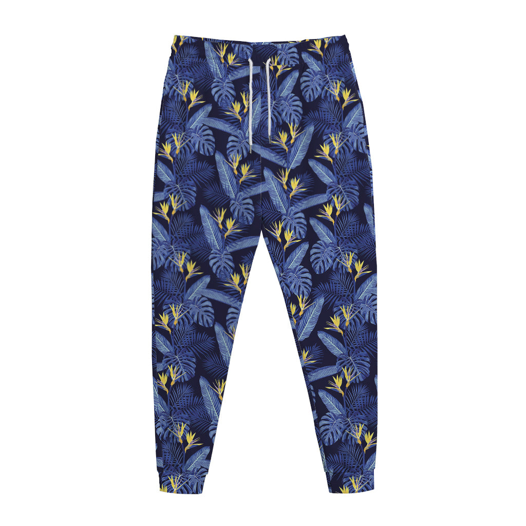 Blue Hawaiian Tropical Pattern Print Jogger Pants
