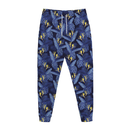 Blue Hawaiian Tropical Pattern Print Jogger Pants