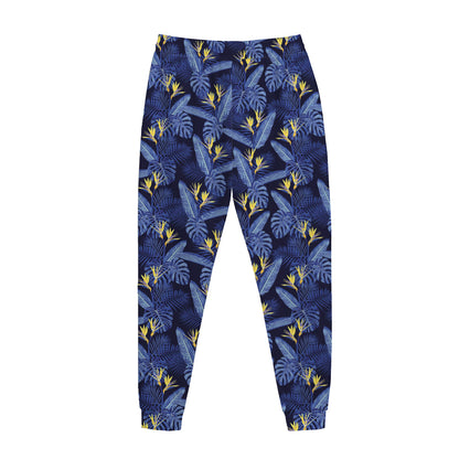 Blue Hawaiian Tropical Pattern Print Jogger Pants
