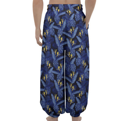 Blue Hawaiian Tropical Pattern Print Lantern Pants