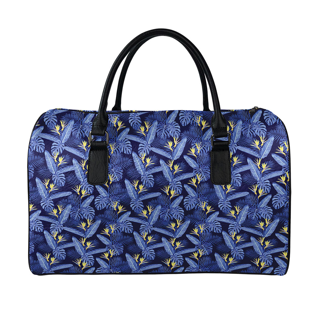 Blue Hawaiian Tropical Pattern Print Leather Duffle Bag