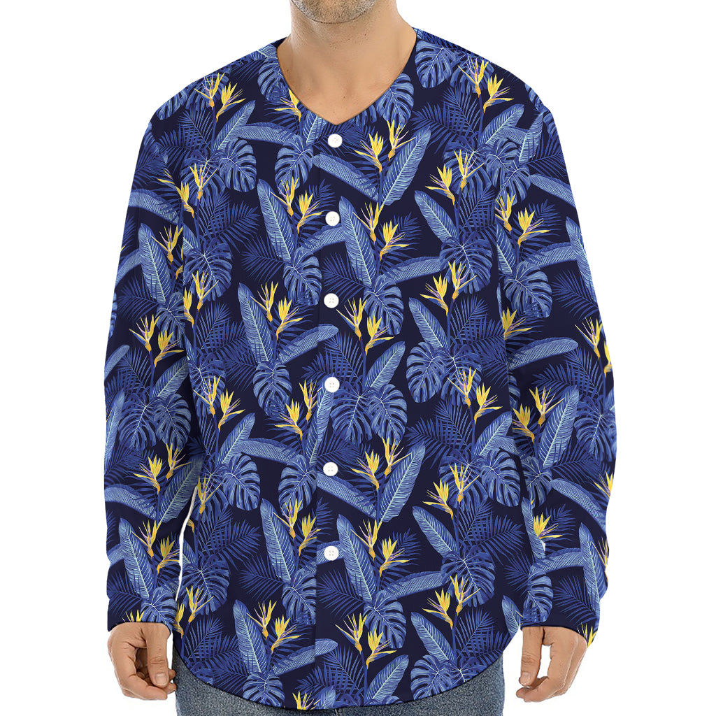 Blue Hawaiian Tropical Pattern Print Long Sleeve Baseball Jersey