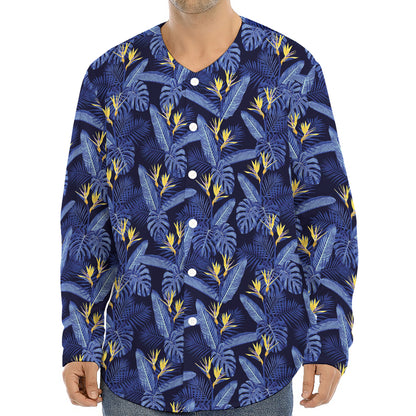 Blue Hawaiian Tropical Pattern Print Long Sleeve Baseball Jersey