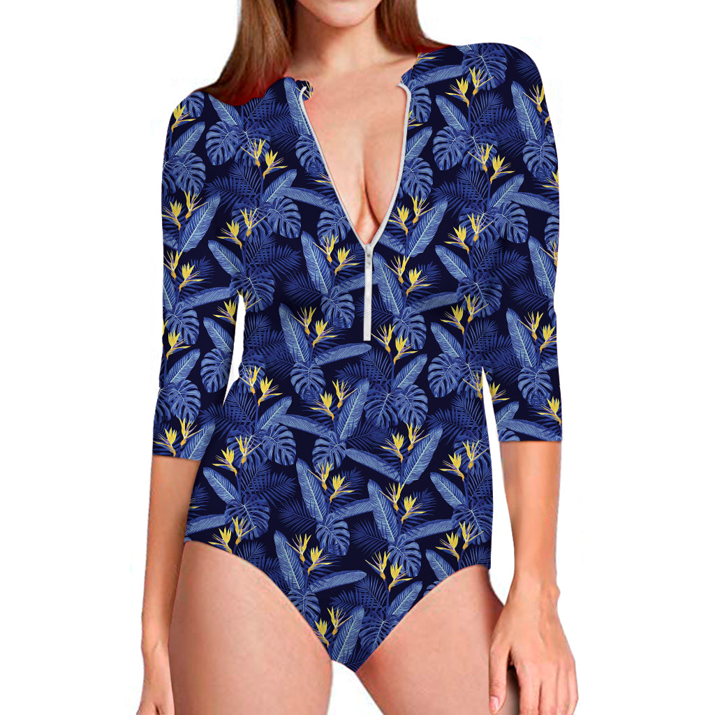 Blue Hawaiian Tropical Pattern Print Long Sleeve Swimsuit