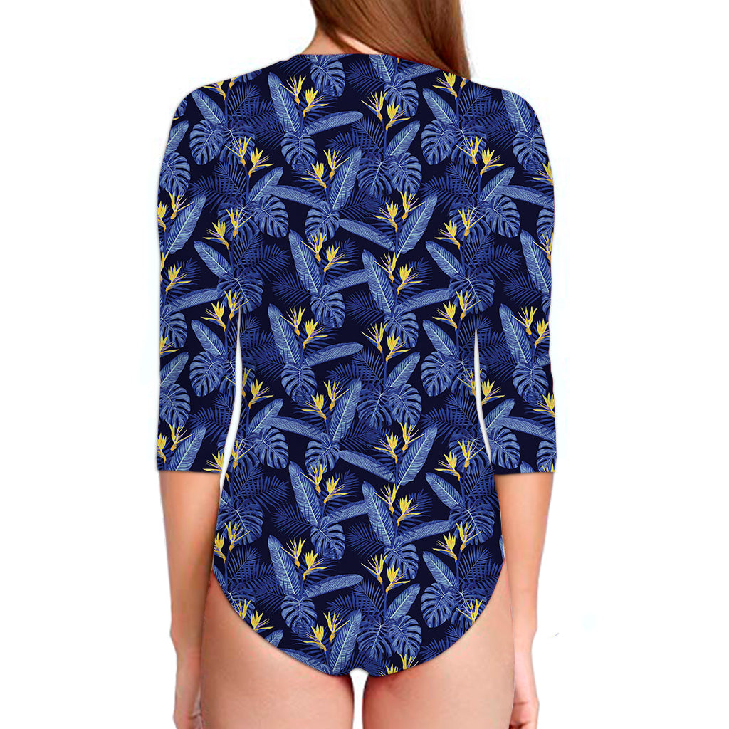 Blue Hawaiian Tropical Pattern Print Long Sleeve Swimsuit