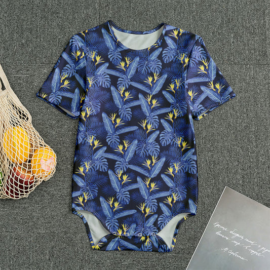 Blue Hawaiian Tropical Pattern Print Men's Bodysuit