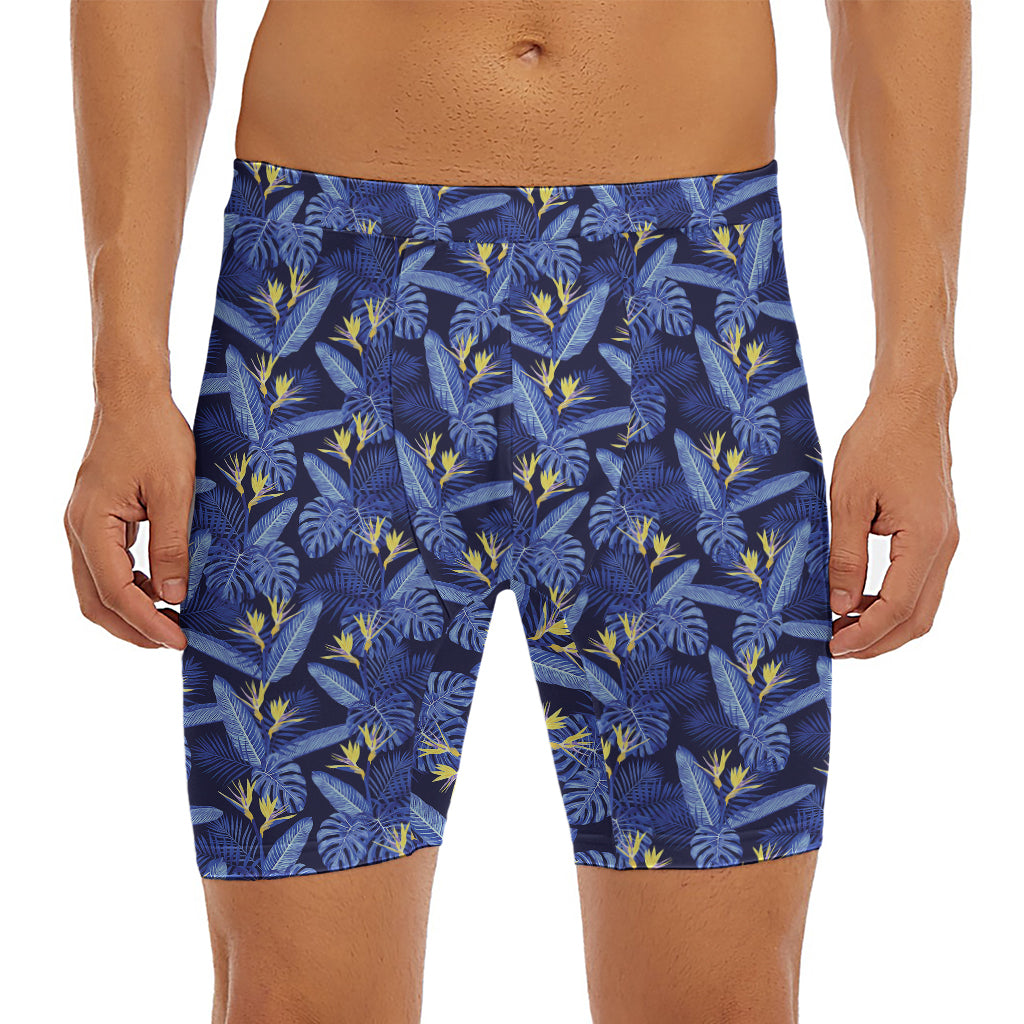 Blue Hawaiian Tropical Pattern Print Men's Long Boxer Briefs