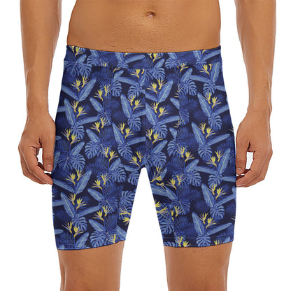 Blue Hawaiian Tropical Pattern Print Men's Long Boxer Briefs