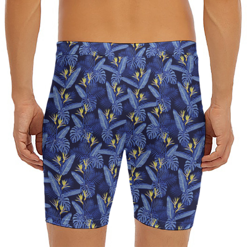 Blue Hawaiian Tropical Pattern Print Men's Long Boxer Briefs