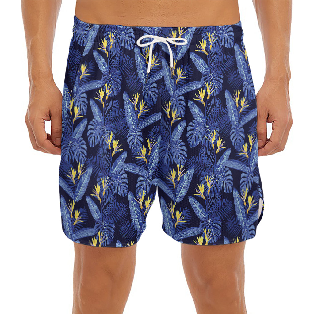 Blue Hawaiian Tropical Pattern Print Men's Split Running Shorts