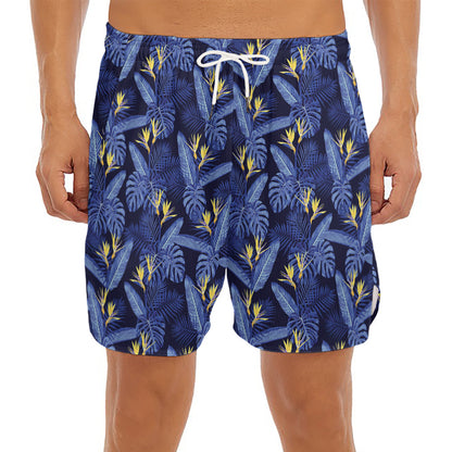 Blue Hawaiian Tropical Pattern Print Men's Split Running Shorts