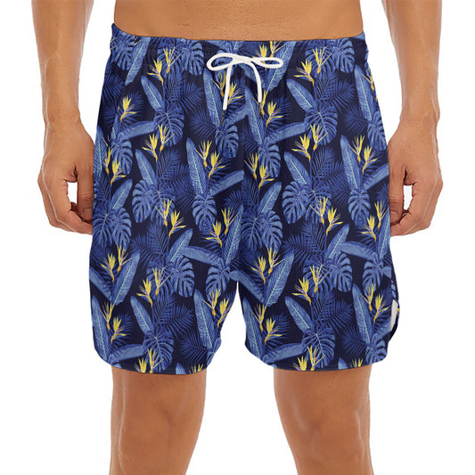 Blue Hawaiian Tropical Pattern Print Men's Split Running Shorts