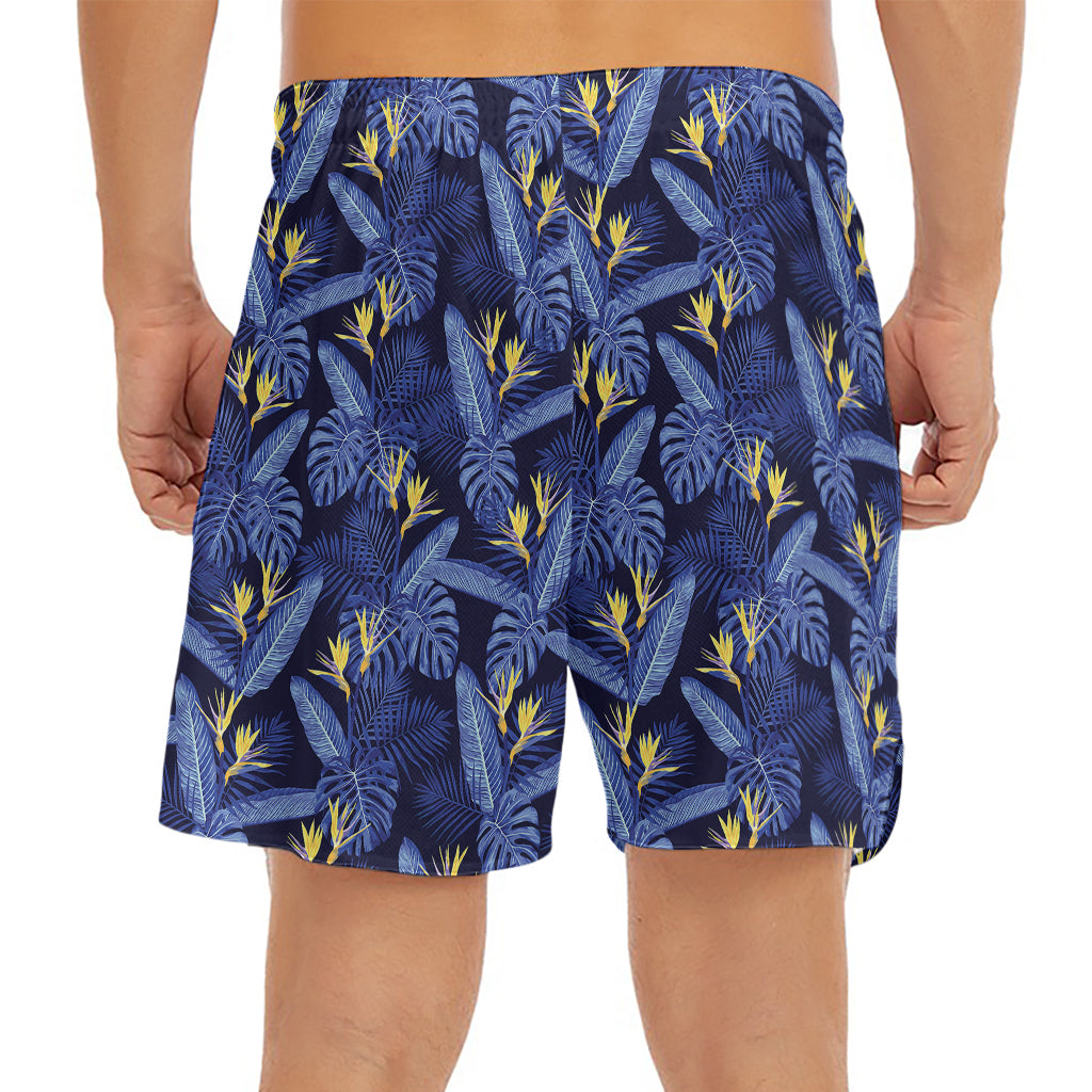 Blue Hawaiian Tropical Pattern Print Men's Split Running Shorts