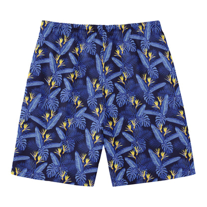 Blue Hawaiian Tropical Pattern Print Men's Swim Trunks