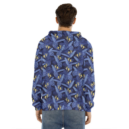 Blue Hawaiian Tropical Pattern Print Men's Velvet Pullover Hoodie