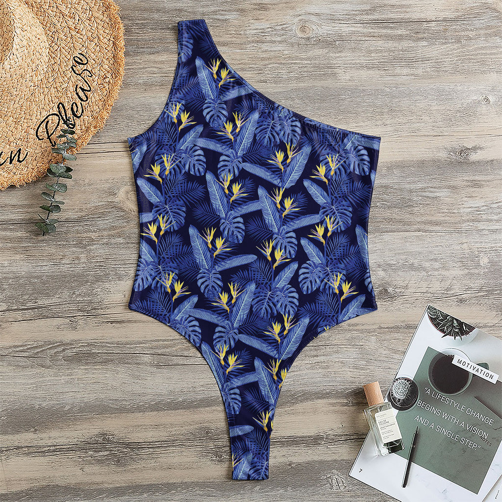 Blue Hawaiian Tropical Pattern Print One Shoulder Bodysuit