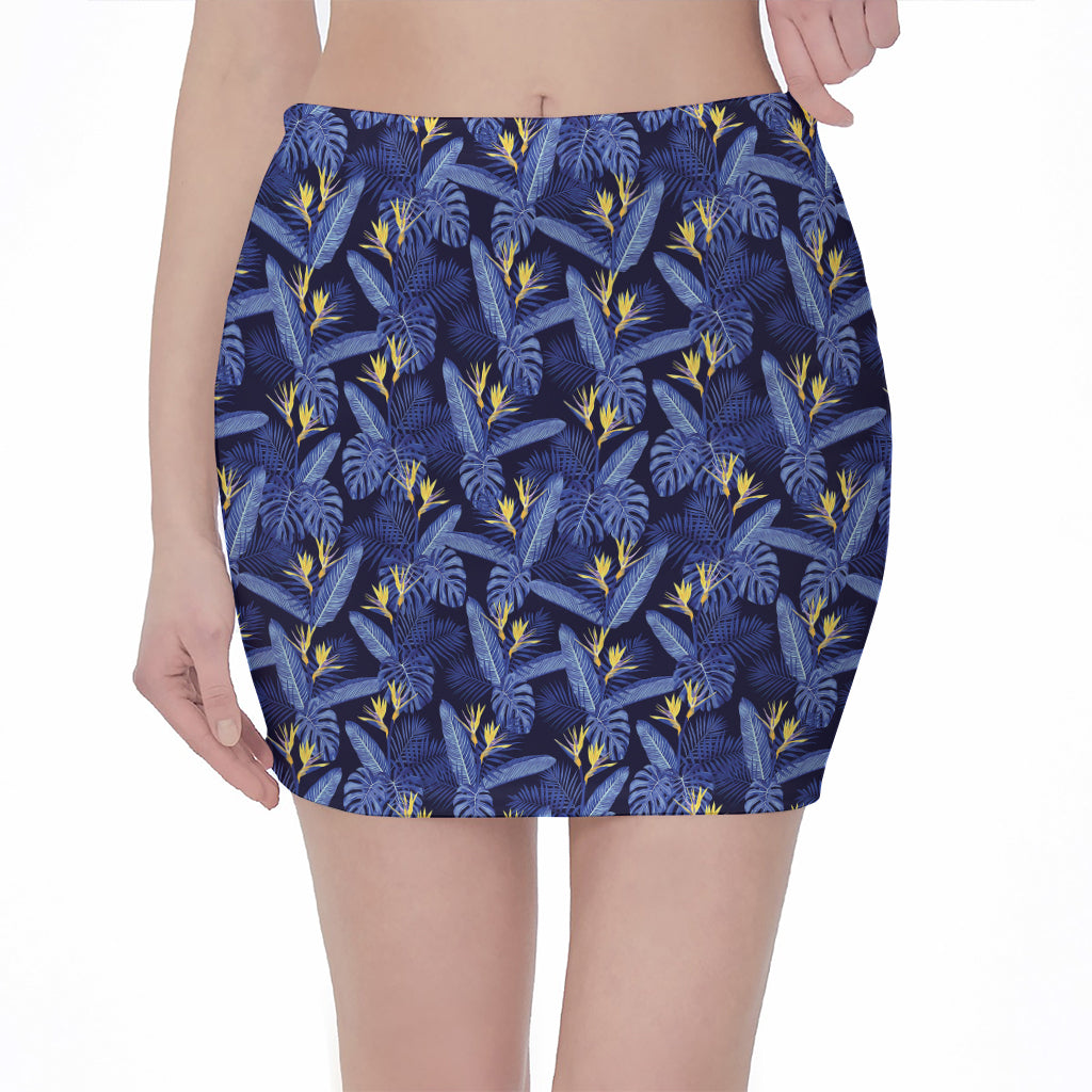 Blue Hawaiian Tropical Pattern Print Pencil Mini Skirt