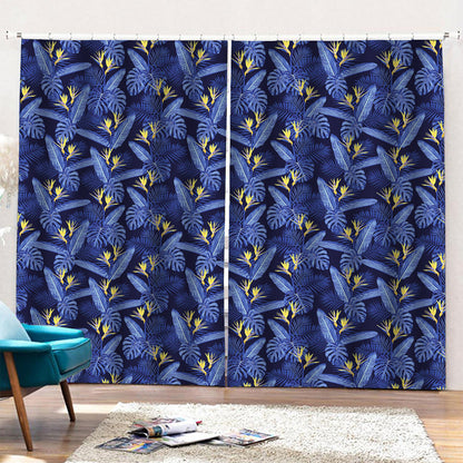 Blue Hawaiian Tropical Pattern Print Pencil Pleat Curtains