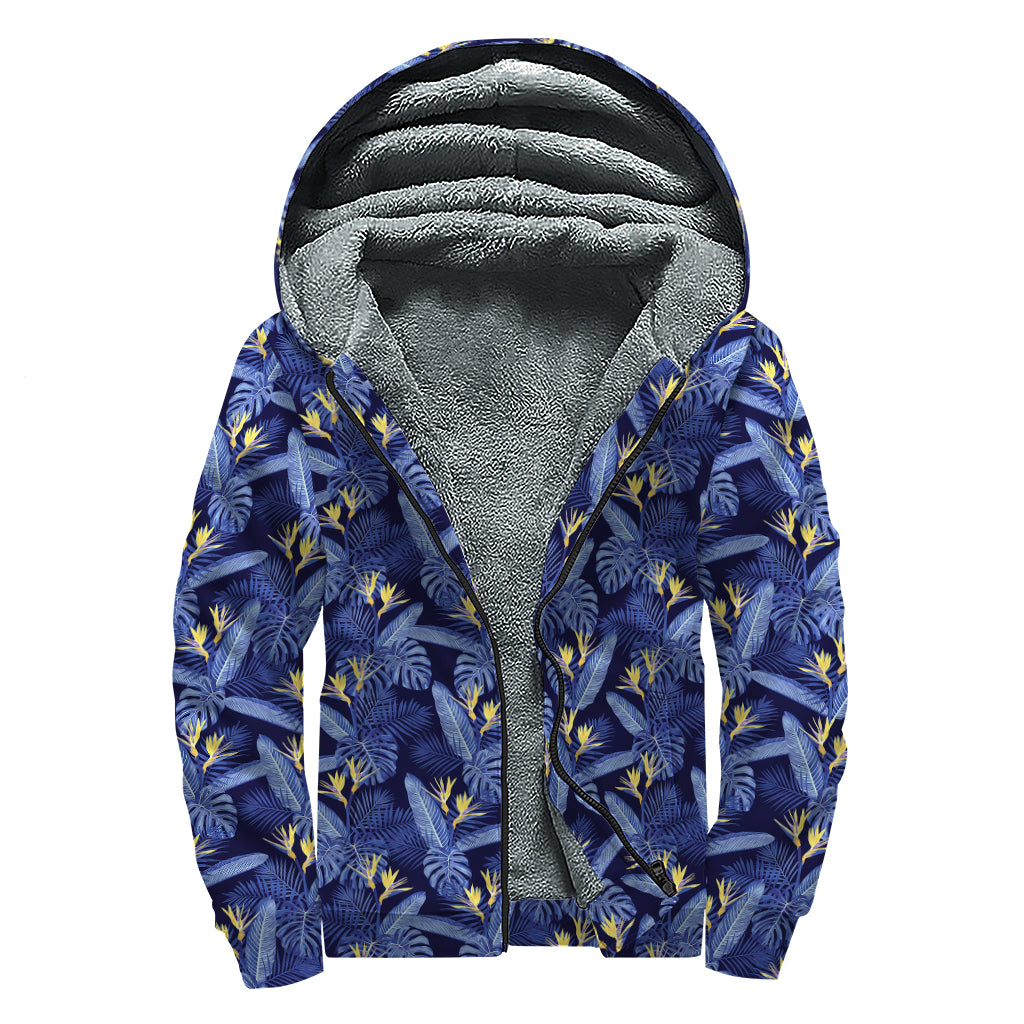 Blue Hawaiian Tropical Pattern Print Sherpa Lined Zip Up Hoodie