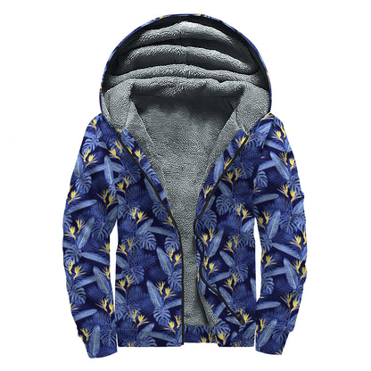 Blue Hawaiian Tropical Pattern Print Sherpa Lined Zip Up Hoodie