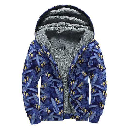 Blue Hawaiian Tropical Pattern Print Sherpa Lined Zip Up Hoodie