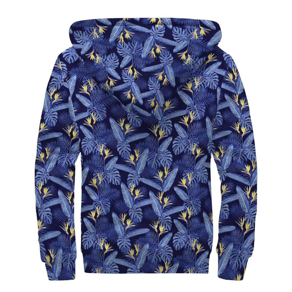 Blue Hawaiian Tropical Pattern Print Sherpa Lined Zip Up Hoodie