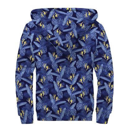 Blue Hawaiian Tropical Pattern Print Sherpa Lined Zip Up Hoodie